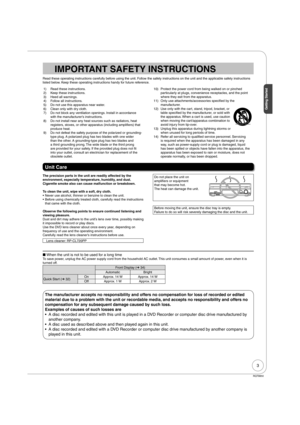 Page 33
Getting Started
RQT8850
IMPORTANT SAFETY INSTRUCTIONS
Read these operating instructions carefully before using the unit. Follow the safety instructions on the unit and the applicable safety instructions
listed below. Keep these operating instructions handy for future reference.
1) Read these instructions.
2) Keep these instructions.
3) Heed all warnings.
4) Follow all instructions.
5) Do not use this apparatus near water.
6) Clean only with dry cloth.
7) Do not block any ventilation openings. Install...