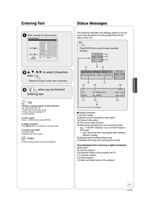 Page 2121
RQT8850
Advanced FeaturesAdvanced Features
The following messages and displays appear to let you 
know what operations are being performed and the 
status of the unit.
Press [STATUS] to cycle through available 
displays.
1:45  SP 12/24  6:34 PM
CH 4-1
KRON-SDNow: FOOTBALL FOCUS
No Display
Next: BASEBALL
PG: NR
T12   0:01.23  SPg ggT12    0:12.34  SP
Rec.
English
DVD-RAM
4 - 1 KPO-SD
Rec.
English
DVD-RAM
4 - 1 KPO-SD
Remain
(1)
(2)
(3)
(4) (5)
(7) (6)
(11)(12)(13) (8) (9) (10)
12:00am - 1:00pm
  1:00pm...