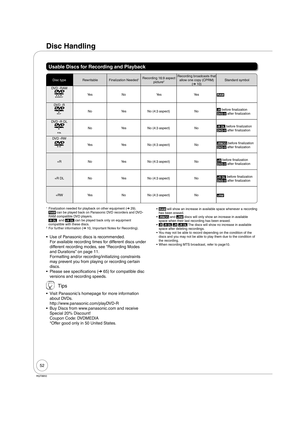 Page 5252
RQT8850
Disc Handling
Usable Discs for Recording and Playback
Disc typeRewritable Finalization Needed1Recording 16:9 aspect 
picture2
Recording broadcasts that 
allow one copy (CPRM)
(➔ 10)Standard symbol 
DVD -RAM
Ye s N o  Ye s Ye sRAM
DVD -R
No Yes No (4:3 aspect) No-R before finalization
DVD-V after finalization
DVD -R DL
No Yes No (4:3 aspect) No-R DL before finalization
DVD-V after finalization
DVD -RW
Yes Yes No (4:3 aspect) No-RW(V) before finalization
DVD-V after finalization
+R No Yes No...