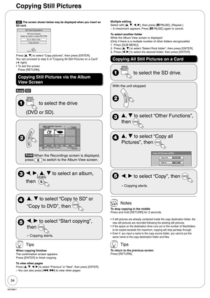 Page 3434
RQT8851
SD The screen shown below may be displayed when you insert an 
SD card. 
ENTER
SD Card inserted.
Select an action or press RETURN.
SD Card Operations
Go to Album View
Copy pictures
Press [e, r] to select “Copy pictures”, then press [ENTER].
You can proceed to step 5 of “Copying All Still Pictures on a Card” 
(➔ right).
To exit the screen 
Press [RETURN].
Copying Still Pictures via the Album 
View Screen
RAM SD 
  to select the drive 
  (DVD or SD).
 
NextPreviousNo.--09
DIRECT NAVIGATOR...