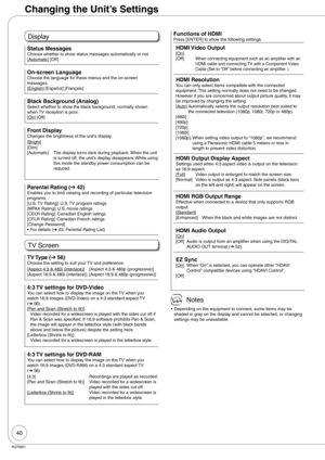 Page 4040
RQT8851
Display
Status MessagesChoose whether to show status messages automatically or not.
[Automatic] [Off]
On-screen LanguageChoose the language for these menus and the on-screen 
messages.
[English] [Español] [Français]
Black Background (Analog)Select whether to show the black background, normally shown 
when TV reception is poor.
[On] [Off]
Front DisplayChanges the brightness of the unit’s display.
[Bright]
[Dim]
[Automatic] The display turns dark during playback. When the unit 
is turned off,...