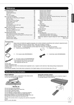 Page 55
Getting Started
RQT8851
Reference
Control Reference Guide ......................................................60Remote Control .......................................................................... 60
FUNCTIONS Window ................................................................. 60
Main Unit .................................................................................... 61
The Unit’s Display ...................................................................... 61
Disc and Card Handling...