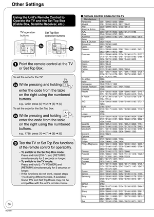 Page 5858
RQT8851
Using the Unit’s Remote Control to 
Operate the TV and the Set Top Box 
(Cable Box, Satellite Receiver, etc.)
Set Top Box 
operation buttonsTV operation 
buttons
2a2b
  Point the remote control at the TV 
or Set Top Box.
To set the code for the TV:
2a While pressing and holding , 
 
enter the code from the table 
on the right using the numbered 
buttons.
e.g., 0250: press [0] ➔ [2] ➔ [5] ➔ [0]
To set the code for the Set Top Box:
2b While pressing and holding , 
enter the code from the table...