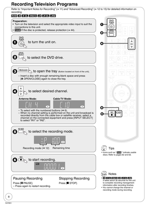 Page 88
RQT8851
Recording Television  Programs
Refer to “Important Notes for Recording” (➔ 11) and “Advanced Recording” (➔ 12 to 15) for detailed information on 
recording.
RAM -R -R DL -RW(V) +R +R DL +RW
Preparation:
•  Turn on the television and select the appropriate video input to suit the 
connections to this unit.
• 
RAM If the disc is protected, release protection (➔ 44).
  to turn the unit on.
  to select the DVD drive.
  to open the tray (Button located on front of the unit).
Insert a disc with...