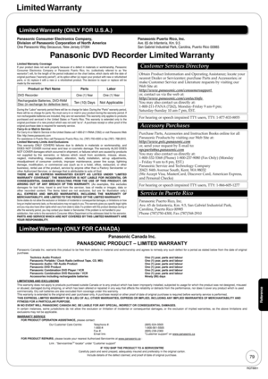 Page 7979
RQT8851
Reference
Limited Warranty
Panasonic Consumer Electronics Company,
Division of Panasonic Corporation of North America
One Panasonic Way Secaucus, New Jersey 07094
Panasonic Puerto Rico, Inc.Ave. 65 de Infantería, Km. 9.5
San Gabriel Industrial Park, Carolina, Puerto Rico 00985
Limited Warranty  CoverageIf your product does not work properly because of a defect in materials or workmanship, Panasonic 
Consumer Electronics Company or Panasonic Puerto Rico, Inc. (collectively referred to as “the...