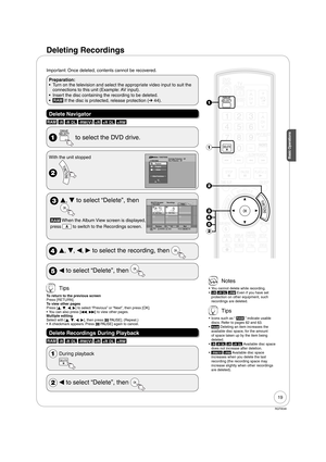 Page 1919
RQT9046
Basic OperationsBasic Operations
Important: Once deleted, contents cannot be recovered.
Preparation: 
Turn on the television and select the appropriate video input to suit the 
connections to this unit (Example: AV input).
Insert the disc containing the recording to be deleted.
RAM If the disc is protected, release protection (➔ 44). •
•
•
Delete Navigator
RAM -R -R DL -RW(V) +R +R DL +RW   
  to select the DVD drive.
With the unit stopped
PlaybackProgramDelete
Other Functions
FUNCTIONS...