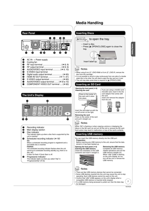 Page 77
RQT9046
Getting Started
Rear Panel
PR
PBY
RF
OUTRF
IN
COMPONENT
VIDEO OUTVHF / UHFAC IN OPTICALDIGITAL AUDIO OUT
 (
PCM / BITSTREAM)R-AUDIO-LVIDEOS VIDEOIN1OUT
AV  O U T
blbk98
5673241
1AC IN~ = Power supply
2Cooling fan
3RF input terminal .................................. (➔ 8, 9)
4RF output terminal ................................ (➔ 8, 9)
5AUDIO/VIDEO input terminal ............. (➔ 9, 10)
6S VIDEO input terminal
7Digital audio output terminal ................... (➔ 60)
8HDMI AV OUT...