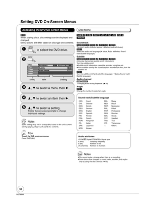 Page 3434
RQT8849
Setting DVD On-Screen Menus 
  
DRIVE
 SELECT
 to select the DVD drive.
  
DISPLAY
Menu Item Setting
 ,  to select an item then .
  ,  to select a menu then .
 ,  to select a setting.
 
Follow the on-screen prompts to change 
individual settings.
[DVD]
When playing discs, disc settings can be displayed and 
changed.
Menu options will differ based on disc type and contents.
Accessing the DVD On-Screen Menus
[RAM] [-R] [-R]DL] [-RW‹V›] [+R] [+R]DL] [+RW] [DVD-V] 
[-RW‹VR›]
Soundtrack...