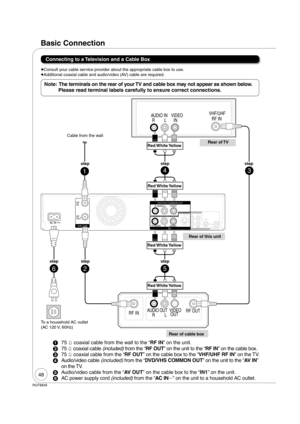 Page 4848
RQT8849
Basic Connection
 Connecting to a Television and a Cable Box
  75  coaxial cable from the wall to the “RF IN” on the unit.
  75  coaxial cable (included) from the “RF OUT” on the unit to the “RF IN” on the cable box.
  75  coaxial cable from the “RF OUT” on the cable box to the “VHF/UHF RF IN” on the TV.
  Audio/video cable (included) from the “DVD/VHS COMMON OUT” on the unit to the “AV IN” 
on the TV.
  Audio/video cable from the “AV OUT” on the cable box to the “IN1” on the unit.
...