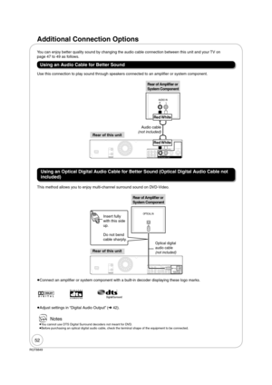 Page 5252
RQT8849
This method allows you to enjoy multi-channel surround sound on DVD-Video.
Using an Audio Cable for Better Sound
Using an Optical Digital Audio Cable for Better Sound (Optical Digital Audio Cable not 
included)
 
Adjust settings in “Digital Audio Output” (42). Use this connection to play sound through speakers connected to an ampli er or system component. You can enjoy better quality sound by changing the audio cable connection between this unit and your TV on 
page 47 to 49 as follows....