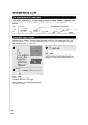 Page 6666
RQT8849
Troubleshooting Guide
Use the following connection to suit the antenna lead to the unit’s RF IN terminal, and the 75  coaxial cable to the 
antenna terminals on your TV or other equipment. Refer to the other equipment’s operating instructions for more 
information.
If you connected this unit and a TV without an audio/video cable, interference (lines or patterning) or a very poor 
picture may appear on the TV. If this happens, follow the steps below to change the video playback channel (RF...