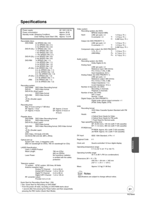 Page 8181
RQT8849
Reference
Speci cations
Power supply:   AC 120 V, 60 Hz
Power consumption:   Approx. 30 W
Standby mode:  (Shipping Condition)  Approx. 2.4 W
(User Setting: Quick Start: ON)  Approx. 13.2 WVideo system:
Recording system: (for DVD)
MPEG2 (Hybrid VBR)
Input:
LINE (pin jack) 2 1.0 Vp-p; 75 
S connector 2Y: 
1.0 Vp-p; 75 
C:
0.286 Vp-p; 75 
Output: (for DVD PRIORITY 1)
LINE (pin jack) 2 1.0 Vp-p; 75 
S connector 1Y:
1.0 Vp-p; 75 
C: 
0.286 Vp-p; 75 
Component video output: (for DVD...