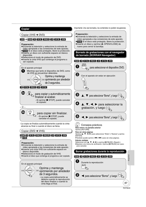 Page 87RQT8849
Español
87
Copiar
[VHS]  [RAM] [-R] [-R]DL] [-RW‹V›] [+R] [+R]DL] [+RW]
Preparación:
 
Encienda la televisión y seleccione la entrada de 
video apropiada a las conexiones de este aparato.
 
[RAM] Si el disco está protegido, libere la protección.
 
Inserte un disco con suficiente espacio en blanco 
disponible.
 
Seleccione el modo de grabación de DVD.
 
Inserte la cinta VHS que contenga el programa a 
ser copiado.
 PLAY  para copiar sin  nalizar.
Si oprime [ STOP], puede 
cancelar el...