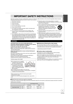 Page 33
RQT8853
IMPORTANT SAFETY INSTRUCTIONS
Read these operating instructions carefully before using the unit. Follow the safety instructions on the unit and the applicable safety instructions 
listed below. Keep these operating instructions handy for future reference.
1)  Read these instructions.
2)  Keep these instructions.
3)  Heed all warnings.
4)  Follow all instructions.
5)  Do not use this apparatus near water.
6)  Clean only with dry cloth.
7)  Do not block any ventilation openings. Install in...