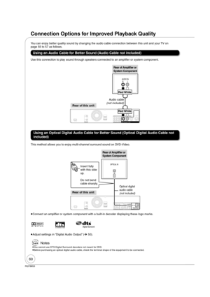 Page 6060
RQT8853
This method allows you to enjoy multi-channel surround sound on DVD-Video.
Using an Audio Cable for Better Sound (Audio Cable not included)
Using an Optical Digital Audio Cable for Better Sound (Optical Digital Audio Cable not 
included)
 
Adjust settings in “Digital Audio Output” (¼ 50). Use this connection to play sound through speakers connected to an ampli er or system component. You can enjoy better quality sound by changing the audio cable connection between this unit and your TV on...