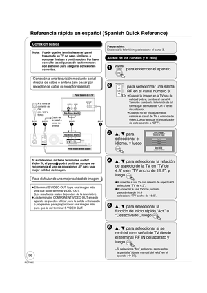 Page 9696
RQT8853
Referencia rápida en español (Spanish Quick Reference)
Nota:  Puede que los terminales en el panel 
trasero de su TV no sean similares a 
como se ilustran a continuación. Por favor 
consulte las etiquetas de los terminales 
con atención para asegurar conexiones 
correctas.
Conexión básica
Si su televisión no tiene terminales Audio/
Video IN, el paso 
 podrá omitirse, aunque se 
recomienda el uso de conexiones AV para una 
mejor calidad de imagen.
RF
OUTRF
IN
VHF / UHFAC IN...