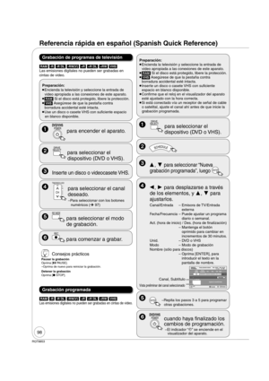 Page 9898
RQT8853
Referencia rápida en español (Spanish Quick Reference)
 POWERDVD/VHS 
  para encender el aparato.
 
DRIVE
 SELECT
  para seleccionar el 
dispositivo (DVD o VHS). 
   Inserte un disco o videocasete VHS.
 
TRACKING/V-LOCK
CH  para seleccionar el canal 
deseado. 
– Para seleccionar con los botones 
numéricos (¼ 97)
 
REC MODE
  para seleccionar el modo 
de grabación. 
 
REC
  para comenzar a grabar.
Preparación:
 
Encienda la televisión y seleccione la entrada de 
video apropiada a las...