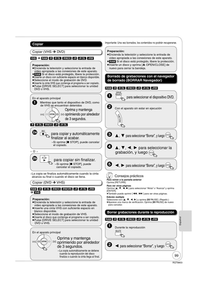 Page 99RQT8853
Español
99
Copiar
[VHS] ¼ [RAM] [-R] [-R]DL] [-RW‹V›] [+R] [+R]DL] [+RW]
Preparación:
 
Encienda la televisión y seleccione la entrada de 
video apropiada a las conexiones de este aparato.
 
[RAM] Si el disco está protegido, libere la protección.
 
Inserte un disco con suficiente espacio en blanco disponible.
 
Seleccione el modo de grabación de DVD.
 
Inserte la cinta VHS que contenga el programa a ser copiado.
 
Pulse [DRIVE SELECT] para seleccionar la unidad 
DVD o VHS.
 PLAY  para...