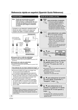 Page 9696
RQT9056
Referencia rápida en español (Spanish Quick Reference)
Nota:  Puede que los terminales en el panel 
trasero de su TV no sean similares a 
como se ilustran a continuación. Por favor 
consulte las etiquetas de los terminales 
con atención para asegurar conexiones 
correctas.
Conexión básica
RF
OUTRF
IN
VHF / UHFAC IN OPTICALVIDEOR-AUDIO-L
PRYPB
DIGITAL AUDIO OUT(PCM/BITSTREAM)
S VIDEOR-AUDIO
VIDEO
VIDEO
R-AUDIO-L
-LS VIDEO
()
COMPONENTVIDEO OUTDVD/VHS COMMON OUT
DVD PRIORITY OUTIN1
DVD/VHS...