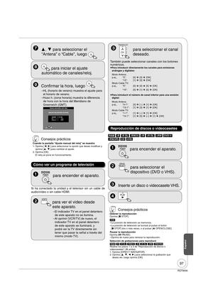 Page 97RQT9056
97
 ,  para seleccionar el 
“Antena” o “Cable”, luego 
OK
 OK para iniciar el ajuste 
automático de canales/reloj.
  Con rmar la hora, luego 
OK
– HL (horario de verano) muestra el ajuste para 
el horario de verano.
– Huso h. (zona horaria) muestra la diferencia 
de hora con la hora del Meridiano de 
Greenwich (GMT).
Ajuste automático del reloj
Ajuste del reloj automático terminado.
4/4/2007   11:15 AMHL-----------  Act.
Huso h.------    HHC
OK
 Consejos prácticos
Cuando la pantalla “Ajuste...