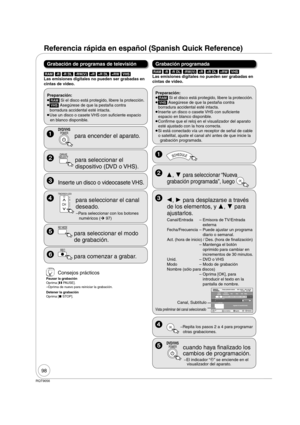 Page 9898
RQT9056
Referencia rápida en español (Spanish Quick Reference)
 POWERDVD/VHS 
  para encender el aparato.
  
Inserte un disco o videocasete VHS.
 
TRACKING/V-LOCK
CH  para seleccionar el canal 
deseado. 
– Para seleccionar con los botones 
numéricos (