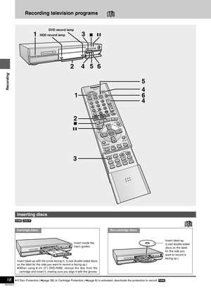 Page 18Recording
18
RQT6570
Recording television programs!?
Í/IPOWER
OPEN
/CLOSEEN
T
ER
FUNCTIONSTIME SLIPRETURNREC
HDDDVDREC
 MO
DE
CANCEL
SKIP
H
DDDVD
1HDD record lampDVD record lamp
6
;
∫
4 25
3
4
6 4 5
;∫
1
2
3
[RAM] [DVD-R]
≥If Disc Protection (➜page 38) or Cartridge Protection (➜page 8) is activated, deactivate the protection to record. [RAM]
Inserting discs
Cartridge discs
Insert label-up with the arrow facing in. (Load double-sided discs
so the label for the side you want to record is facing up.)
≥When...
