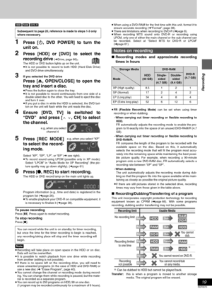 Page 19Recording
19
RQT6570
[HDD] [RAM] [DVD-R]
1Press [Í, DVD POWER] to turn the
unit on.
2Press [HDD] or [DVD] to select the
recording drive 
(➜Drive, page 66).
The HDD or DVD button lights up on the unit.
≥It is not possible to record to both HDD (Hard Disk Drive)
and DVD drive simultaneously.
3If you selected the DVD drive 
Press [