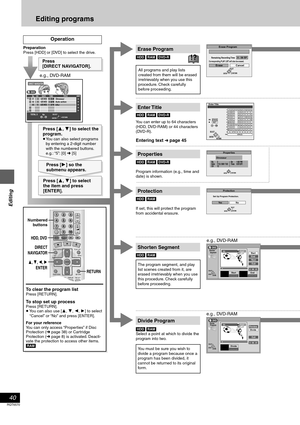 Page 40Editing
40
RQT6570
Editing programs
Erase Program
0 : 58 SP
Erase CancelCorresponding PLAY LIST will also be erased.Remaining Recording Time
RETURN
ENTERSELECT
Protection
Ye sNo
Set Up Program Protection.
RETURN
ENTERSELECT
Shorten
     Segment
– – : – – . – –Start– – : – – . – –End
StartEndNextExit
0 : 00 . 01
PLAY03
RETURN ENTERSELECT
NS
Properties
No.
Date
CH3
7/13/ 2001 TUE
12On1:02 PM
ENTER
Dinosaur
Time 0:01(SP)
RETURN
DIRECT NAVIGATOR
No DATECH TIME EDITTITLE
  9 : 00 PMAuto action026/20 WED63
3...