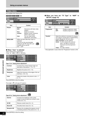 Page 52Advanced operation
Using on-screen menus
52
RQT6570
Not available when playing CDs.
[HDD] [RAM] [DVD-R] [DVD-V] [VCD]
∫When “User” is selected
Select “Detail picture adjustment”.
(“User” ➜ [2] ➜ [4] ➜ [ENTER])
Page 1/2 of “Detail picture adjustment”
Press [ENTER] to enter the setting.
Press [3] or [4] until page 2/2 appears.
Page 2/2 of “Detail picture adjustment”
Press [ENTER] to enter the setting.
∫When you have set “TV Type” to “480P” in
SETUP (
➜page 16)
§Only applicable in cases where the...