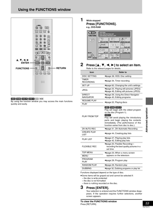 Page 53Advanced operation
53
RQT6570
Using the FUNCTIONS window
[HDD] [RAM] [DVD-R] [DVD-V] [CD] [VCD] 
By using the function window you may access the main functions
quickly and easily.
1While stopped
Press [FUNCTIONS].
e.g., DVD-RAM
2Press [3, 4, 2, 1] to select an item.
Refer to the relevant pages for details.
Functions displayed depend on the type of disc.
≥Some items will be grayed out and cannot be selected if:
– the disc is write protected
– the disc is not formatted
– there is nothing recorded on the...