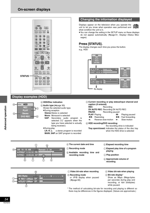 Page 54Advanced operation
54
RQT6570
On-screen displays
Displays appear on the television when you operate the
unit to let you know what operation was performed and
what condition the unit is in.
≥You can change the setting in the SETUP menu so these displays
do not appear automatically (➜page 61, Display—Status Mes-
sages).
Press [STATUS].
The display changes each time you press the button.
e.g., HDD
DV D
VCR Plus+ TV/VIDEOREC MODEREC
CH
VOLUME
TVTVDV D
123
789
0
10 0
4
56
SLOW/SEARCH
DIRECT NAVIGATOR
TOP...