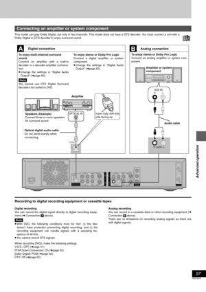 Page 57Advanced operation
57
RQT6570
This model can play Dolby Digital, but only in two channels. This model does not have a DTS decoder. You must connect a unit with a
Dolby Digital or DTS decoder to enjoy surround sound. 
Recording to digital recording equipment or cassette tapes
Digital recording
You can record the digital signal directly to digital recording equip-
ment (➜ Connection [A] above).
[Note]
≥With DVD, the following conditions must be met: a the disc
doesn’t have protection preventing digital...