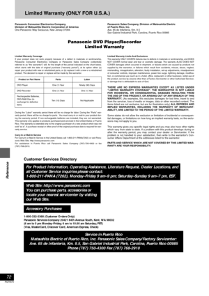 Page 72Reference
72
RQT6570
Limited Warranty (ONLY FOR U.S.A.)
Panasonic Consumer Electronics Company,
Division of Matsushita Electric Corporation of America
One Panasonic Way Secaucus, New Jersey 07094Panasonic Sales Company, Division of Matsushita Electric 
of Puerto Rico, Inc.
Ave. 65 de Infantería, Km. 9.5
San Gabriel Industrial Park, Carolina, Puerto Rico 00985
Panasonic DVD Player/Recorder
Limited Warranty
Limited Warranty Coverage
If your product does not work properly because of a defect in materials or...