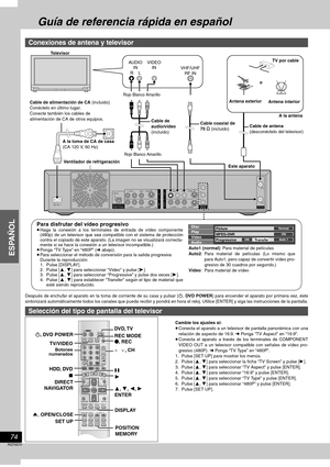 Page 74RQT6570
ESPAÑOL
74
RQT6570
Guía de referencia rápida en español
Después de enchufar el aparato en la toma de corriente de su casa y pulsar [Í, DV D P OW ER] para encender el aparato por primera vez, éste
sintonizará automáticamente todos los canales que pueda recibir y pondrá en hora el reloj. Utilice [ENTER] y siga las instrucciones de la pantalla.
Cambie los ajustes si:
≥Conecta el aparato a un televisor de pantalla panorámica con una
relación de aspecto de 16:9. ➜ Ponga “TV Aspect” en “16:9”.
≥Conecta...