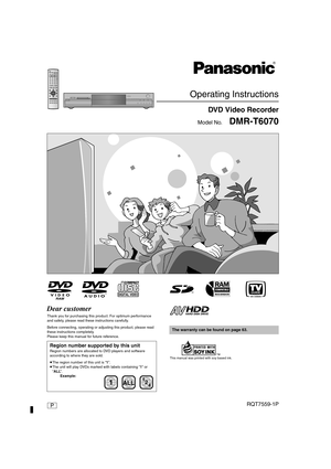 Page 1Operating Instructions
DVD Video Recorder
Model No.DMR-T6070
Dear customer
Thank you for purchasing this product. For optimum performance 
and safety, please read these instructions carefully.
Before connecting, operating or adjusting this product, please read 
these instructions completely.
Please keep this manual for future reference.
Region number supported by this unit
Region numbers are allocated to DVD players and software 
according to where they are sold.
≥The region number of this unit is “1”....