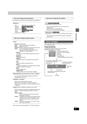 Page 3131
RQT7559
Playing back
This function works only when the elapsed play time is displayed.
§Only when you have selected “480P” in “TV Type” (➡page 12).Status messages appear on the television during operation to show 
the condition of the unit.
Press [STATUS].
The display changes each time you press the button.
≥Displayed information are examples.
Play menu–Change the play sequence
Repeat play
≥All[VCD] [CD] (excluding MP3 discs)
≥Chapter[HDD] [RAM] [DVD-R] [DVD-V]
≥Group[DVD-A] [CD] (MP3 discs only)
≥PL...