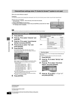 Page 5050
RQT7559
Convenient functions
Channel/Clock settings when TV Guide On ScreenTM system is not used
Refer to the control reference on page 47.
Preparation:
If the television program list has already been downloaded, return the unit to the factory preset condition using the steps indicated below.
When the unit is on and stopped
1Press and hold [XCH] and [WCH] on the main unit for about five seconds.
The unit turns off.
2Press [ÍDVD POWER] to turn the unit on.
3Complete the TV Guide On Screen
TM system...