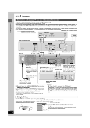 Page 88
RQT7559
Getting started
STEP 1Connection
≥You need to subscribe to a cable TV service to enjoy viewing their programming.
≥Consult your service provider regarding appropriate cable TV box.
≥If you receive your programming solely from a satellite service, the program guide in this unit will not receive program listings or 
channel information. Without this information, program-based recordings cannot be made. However, recordings can still be set 
manually.
The connection will allow the video cassette...