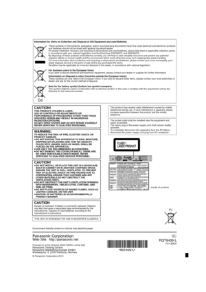 Page 120EU
Information for Users on Collection and Disposal of Old Equipment and used Batteries
These symbols on the products, packaging, and/or accompanying documents mean that used electrical and electronic products 
and batteries should not be mixed with general household waste.
For proper treatment, recovery and recycling of old products and used batteries, please take them to applicable collection poin ts, 
in accordance with your national legislation and the Directives 2002/96/EC and 2006/66/EC.
By...