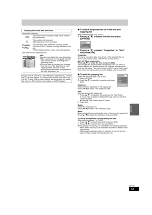 Page 5353
RQT9439
Copying
Copying list indicators
∫To check the properties of a title and sort 
Copying list
After performing step 5– 2 (> 52)1 Press [ 3,4] to select the title and press 
[OPTION].
2 Press [ 3,4] to select “Properties” or “Sort” 
and press [OK].
Properties:
The name, recording date, channel etc. of the selected title are 
shown. (You cannot select a title if it has a check mark.)
Sort (All Titles screen only):
Press [ 3,4] to select the item and press [OK].
This changes the way that titles are...