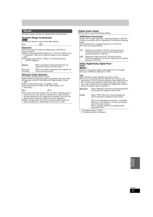 Page 8787
RQT9439
Convenient functions
(All factory default settings are indicated with underlined text.)
§ 1The default setting is “PCM”.§2The default setting is “Bitstream”.
Sound
Dynamic Range Compression[DVD-V]  
Change the dynamic range for late night viewing.
[On] [Off
]
DownmixSwitch the downmix system for playing back multi-channel 
surround sound.
≥When “Dolby Digital/Dolby Digital Plus”, “DTS” and “MPEG” is set 
to “Bitstream”, there are no downmix effects for the outputted 
audio.
≥ The audio output...