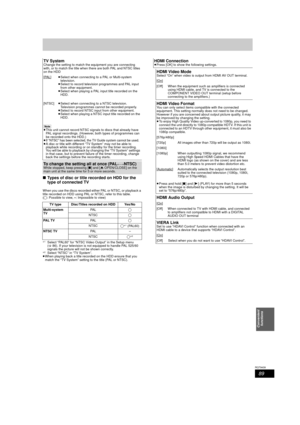 Page 8989
RQT9439
Convenient functions
∫ Types of disc or title recorded on HDD for the 
type of connected TV
When you use the discs recorded either PAL or NTSC, or playback a 
title recorded on HDD using PAL or NTSC, refer to this table.
(≤ : Possible to view,  –: Impossible to view)
§ 1Select “PAL60” for “NTSC Video Output” in the Setup menu 
(> 86). If your television is not equipped to handle PAL 525/60 
signals the picture will not be shown correctly.
§ 2Select “NTSC” in “TV System”.
≥ When playing back a...