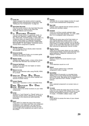 Page 5959
Location of Controls
1Code Set
Used to program the remote control to operate
additional home entertainment components. See
“Setting Up Your Components” on page 42.
Hard Disk Recorder
Puts the remote control in the Hard Disk Recorder
mode, giving you control of the Hard Disk
Recorder features and functions.
TV          SAT/CABLE         VCR/DVD
Puts the remote control in a particular mode—to
operate your television, satellite receiver, cable
box, VCR, DVD, TV/VCR Combo, or laser disk. If a
component...