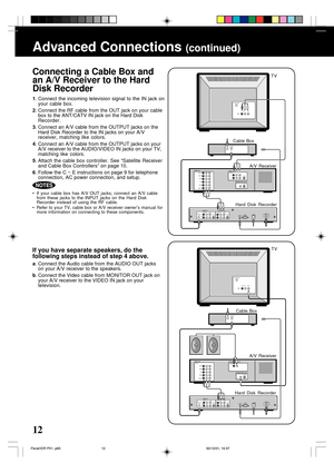 Page 1212
Connecting a Cable Box and
an A/V Receiver to the Hard
Disk Recorder
1. Connect the incoming television signal to the IN jack on
your cable box.
2. Connect the RF cable from the OUT jack on your cable
box to the ANT/CATV IN jack on the Hard Disk
Recorder.
3. Connect an A/V cable from the OUTPUT jacks on the
Hard Disk Recorder to the IN jacks on your A/V
receiver, matching like colors.
4. Connect an A/V cable from the OUTPUT jacks on your
A/V receiver to the AUDIO/VIDEO IN jacks on your TV,
matching...