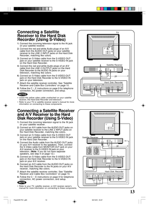 Page 1313
NOTES
• Leave the yellow video cable unattached on your satellite
receiver, the Hard Disk Recorder and television.
• Refer to your TV or satellite receiver owner’s manual for more
information on connecting to these components.
Connecting a Satellite
Receiver to the Hard Disk
Recorder (Using S-Video)
1. Connect the incoming television signal to the IN jack
on your satellite receiver.
2. Connect the red and white Audio plugs of an A/V
cable from the AUDIO OUT jacks on your satellite
receiver to the LINE...