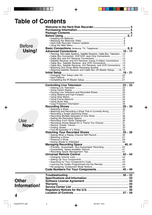 Page 44
Welcome to the Hard Disk Recorder ............................................... 5
Purchasing Information .................................................................... 5
Package Contents ............................................................................. 5
Before Using..................................................................................6, 7
• Installing the Batteries ............................................................................. 6
• Watching the Welcome...