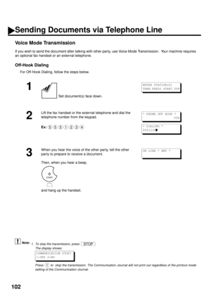 Page 104102
Voice Mode Transmission
If you wish to send the document after talking with other party, use Voice Mode Transmission.  Your machine requires
an optional fax handset or an external telephone.
Off-Hook Dialing
For Off-Hook Dialing, follow the steps below.
 (see Note 1)
1
 Set document(s) face down.
2
Lift the fax handset or the external telephone and dial the 
telephone number from the keypad.
Ex:
3
When you hear the voice of the other party, tell the other 
party to prepare to receive a document....