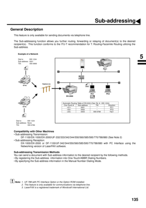 Page 137135
Sub-addressing
General Description
This feature is only available for sending documents via telephone line.
The Sub-addressing function allows you further routing, forwarding or relaying of document(s) to the desired
recipient(s).  This function conforms to the ITU-T recommendation for T. Routing-Facsimile Routing utilizing the
Sub-address.
Compatibility with Other Machines
• Sub-addressing Transmission:
DF-1100/DX-1000/DX-2000/UF-332/333/342/344/550/560/585/595/770/788/880 (See Note 2)
•...