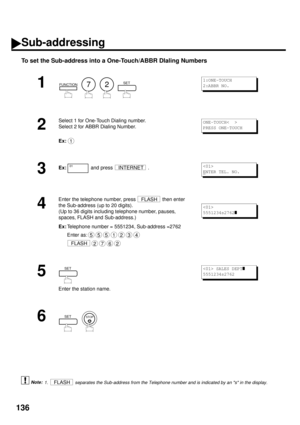 Page 138136
To set the Sub-address into a One-Touch/ABBR DIaling Numbers
 (see Note 1)
1
        
2
Select 1 for One-Touch Dialing number.
Select 2 for ABBR Dialing Number.
Ex:
3Ex:  
and press  .
 
4
Enter the telephone number, press   then enter 
the Sub-address (up to 20 digits).
(Up to 36 digits including telephone number, pauses, 
spaces, FLASH and Sub-address.)
Ex:
Telephone number = 5551234, Sub-address =2762 
Enter as:
 
5
Enter the station name.
6
  
1.  separates the Sub-address from the Telephone...