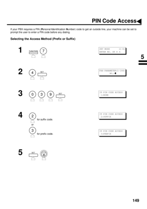 Page 151149
PIN Code Access
If your PBX requires a PIN (P
ersonal I
dentification N
umber) code to get an outside line, your machine can be set to
prompt the user to enter a PIN code before any dialing.
Selecting the Access Method (Prefix or Suffix)
1
  
2
  
3
        
4
 for suffix code.
    or
 for prefix code.
5
  
FUNCTION7
SET MODE       (1-6)
ENTER NO. OR 
Ú Ù 
4SETFAX PARAMETER(1-164)
 NO.=
z
039SET39 PIN CODE ACCESS
 1:NONE
2
3
39 PIN CODE ACCESS
 2:SUFFIX
39 PIN CODE ACCESS
 3:PREFIX
SETSTOP
5 